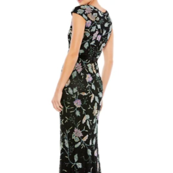 MAC DUGGAL FLORAL BAEDED TULLE COLUMN GOWN BLACK MULti GOWN sz 14 - Picture 3 of 6